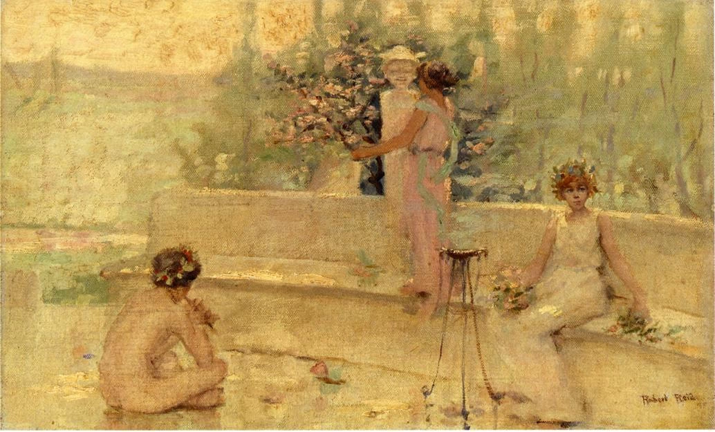 Tre figure in un giardino all'italiana